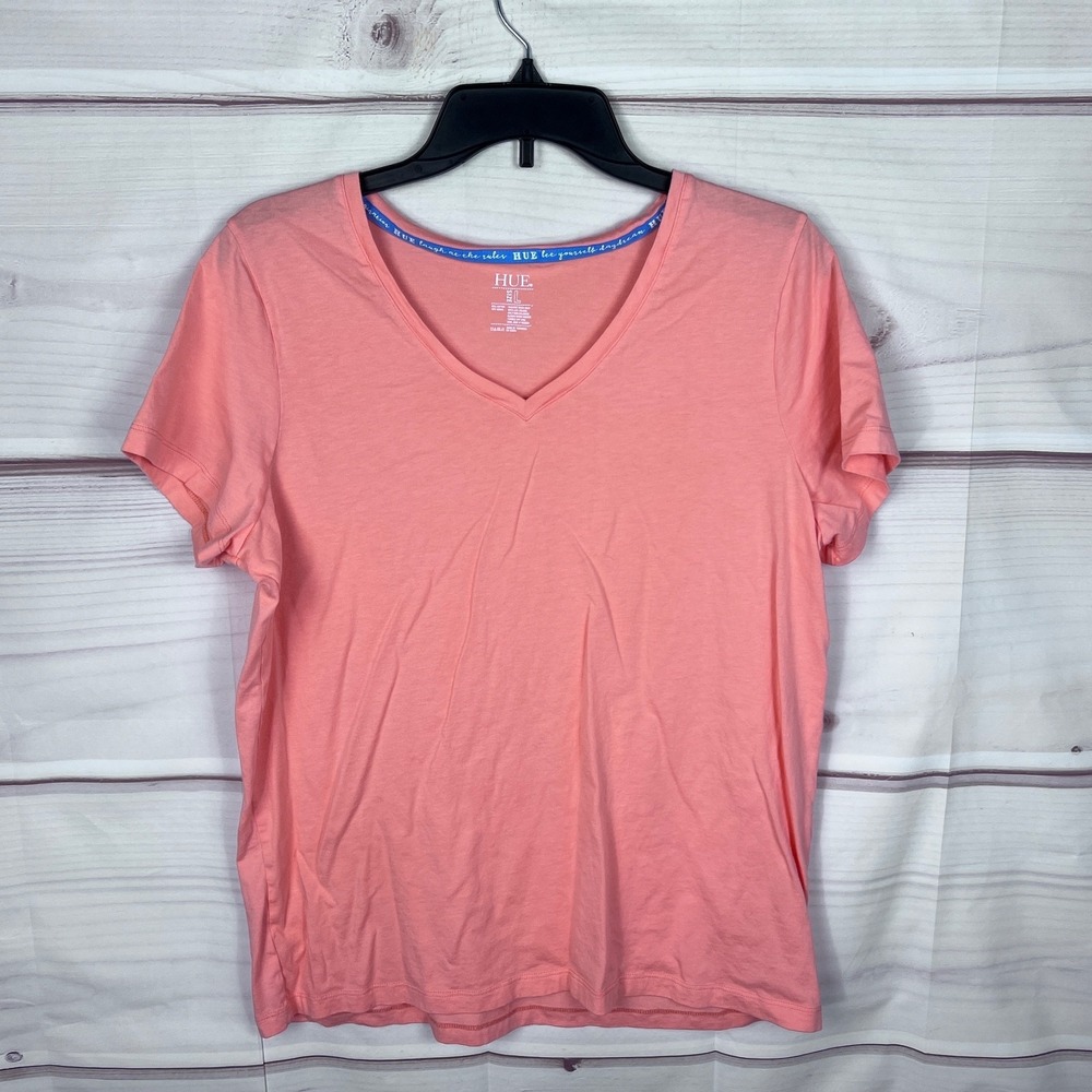 Hue Top Womens Large Orange T-Shirt V-Neck Short Sleeve Cotton Modal Knit Basic